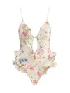 Zimmermann Multicolour Floral Swimsuit With Ruffled Edges And Adjustable Ties In Multi