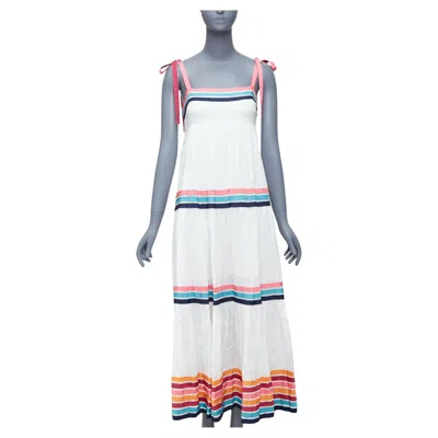 Pre-owned Zimmermann Lulu White Pink Multicolor Stripe Trim Shirred Midi Dress Sz1 S