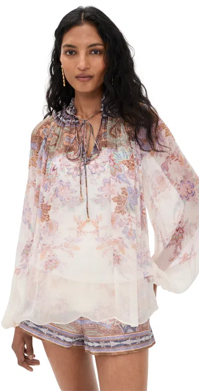 Zimmermann Luna Billow Blouse Cream Blue Paisley In Multi