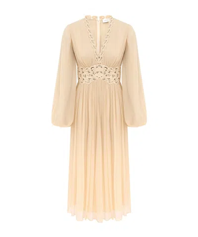 Zimmermann Midi Luna Billow Lace-detail Pleated Dress In Neutral