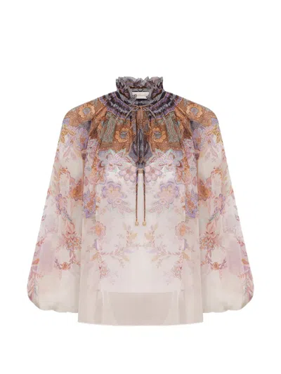 Zimmermann Luna Billow Blouse In Cream Blue Paisley In Multi
