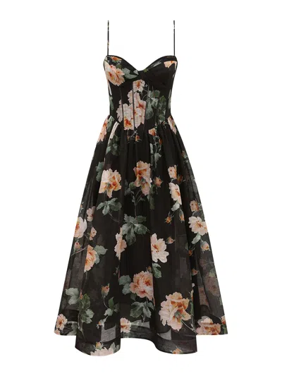 Zimmermann Luna Floral-print Linen And Silk-blend Midi Dress In Black