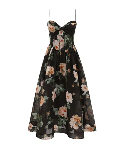 Zimmermann Luna Floral-print Linen And Silk-blend Midi Dress In Black