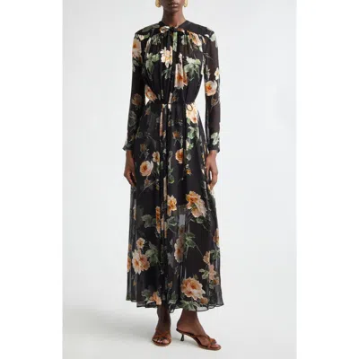 Zimmermann Luna Floral Long Sleeve Silk Burnout Maxi Dress In Black