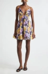 Zimmermann Luna Gathered Floral-print Linen And Silk-blend Mini Dress In Multi