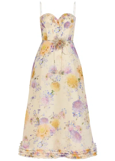 Zimmermann Luna Floral-appliquéd Linen And Silk-blend Midi Dress In Multi
