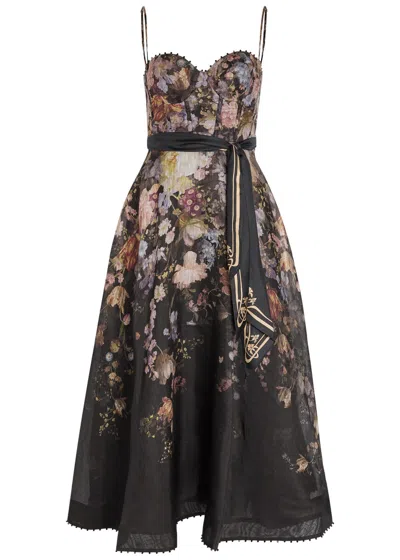 Zimmermann Luna Floral-print Linen And Silk-blend Midi Dress In Black