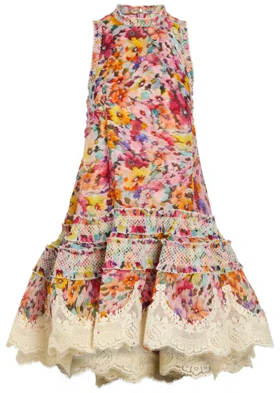 Zimmermann Luna Floral-print Linen And Silk-blend Mini Dress In Multi