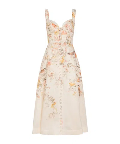 Zimmermann Luna Floral-print Linen Midi Dress In Nude