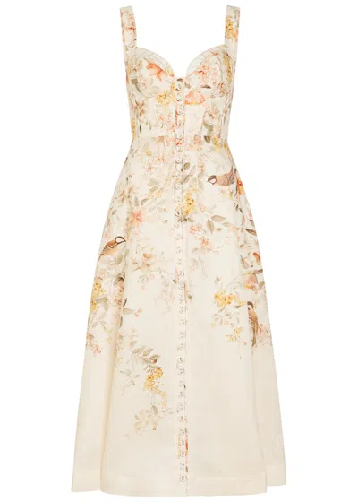 Zimmermann Luna Floral-print Linen Midi Dress In White