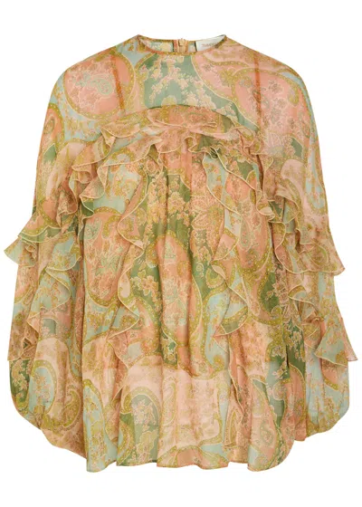 Zimmermann Luna Flutter Paisley Ruffled Silk Blouse In Brown