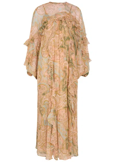 Zimmermann Luna Flutter Paisley Ruffled Silk Midi Dress In Brown