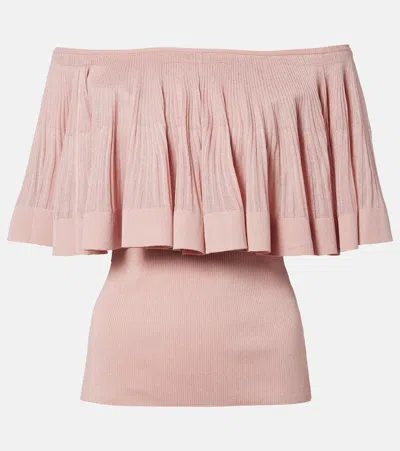 Zimmermann Luna Knitted Ruffled Off-shoulder Top In Pink