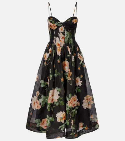 Zimmermann Luna Floral-print Linen And Silk-blend Midi Dress In Black
