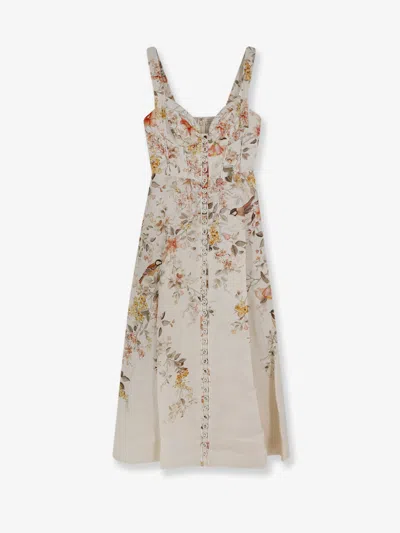 Zimmermann Luna Linen Midi Dress With All-over Floral Print In Brown