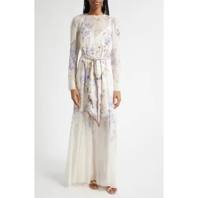 Zimmermann Luna Belted Printed Silk Satin-trimmed Chiffon Maxi Dress In Multi