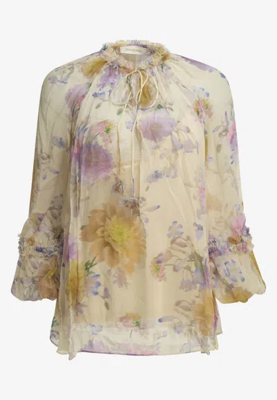 Zimmermann Luna Long-sleeved Floral Blouse In Gold