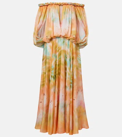 Zimmermann Luna Twist Off-the-shoulder Cutout Gathered Printed Silk-satin Maxi Dress In Yellow