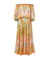 Zimmermann Luna Twist Off-the-shoulder Cutout Gathered Printed Silk-satin Maxi Dress In Orange