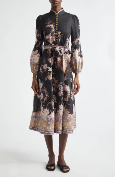 Zimmermann Luna Paisley Print Long Sleeve Linen Midi Dress In Multi