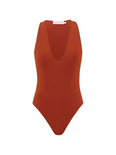 Zimmermann Luna Plunging V-neck Bodysuit In Orange