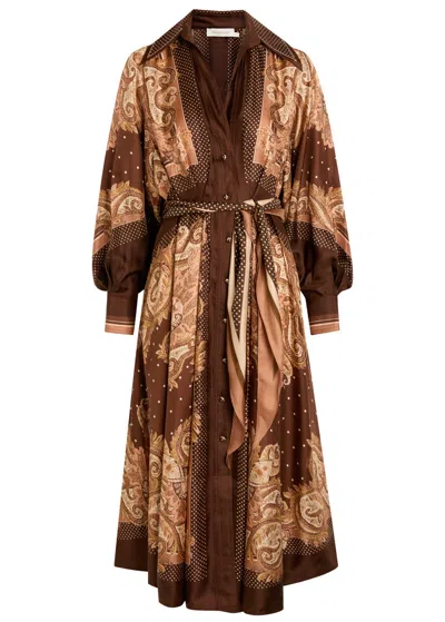 Zimmermann Luna Printed Belted Silk Midi Shirt Dress In Multi