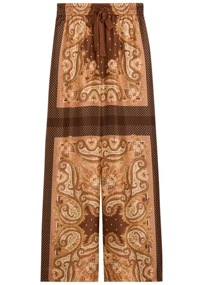 Zimmermann Luna Printed Silk Track Pants In Brown