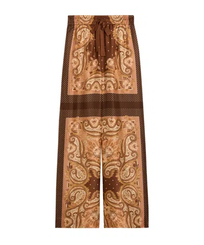 Zimmermann Luna Printed Silk Track Pants In Brown