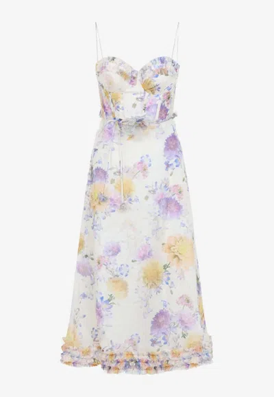 Zimmermann Luna Ruffle Floral Midi Dress In White