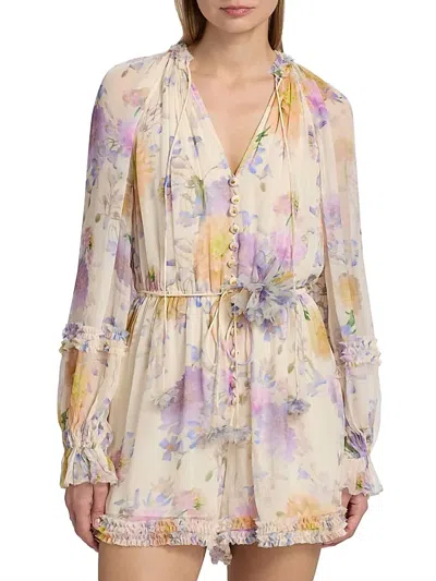 Zimmermann Luna Ruffle Playsuit Romper In Cream Dahlia In Multi