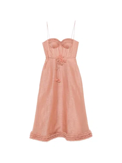 Zimmermann Womens Peony Luna Ruffle Linen-silk Midi Dress Xxs In Pink