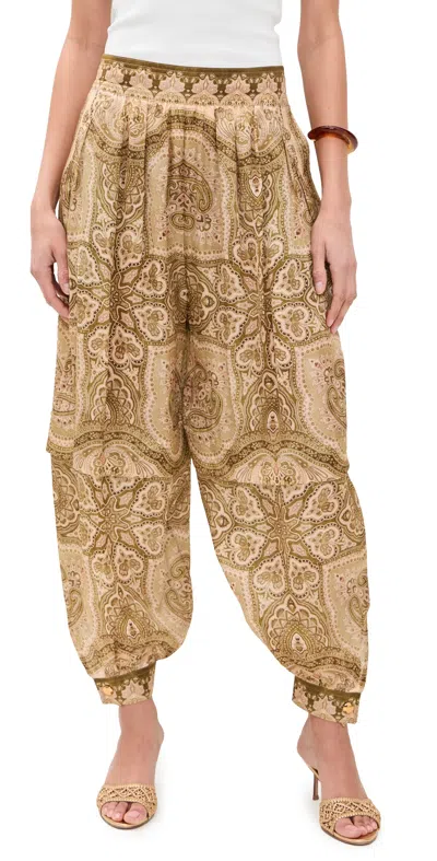 Zimmermann Luna Satin Harem Pants Olive Perla Paisley In Brown