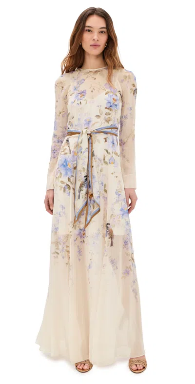 Zimmermann Luna Belted Printed Silk Satin-trimmed Chiffon Maxi Dress In Multi