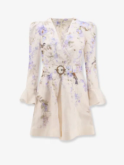 Zimmermann Luna Short Linen Dress With Songbird Print In Neutral
