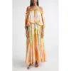 Zimmermann Luna Twist Off-the-shoulder Cutout Gathered Printed Silk-satin Maxi Dress In Orange