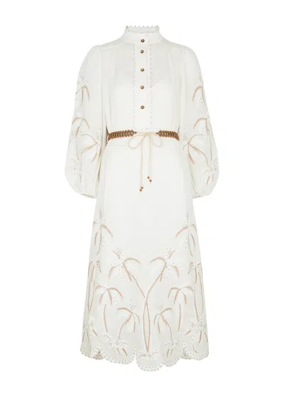 Zimmermann Lyre Ivory Embroidered Linen Midi Dress In White