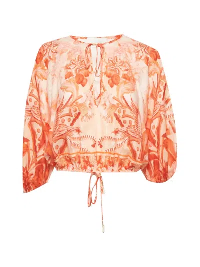 Pre-owned Zimmermann Lyre Palm-print Blouse In Neutrals