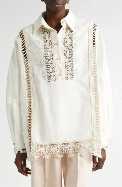 Zimmermann Macramé Lace Trim Linen Shirt In Cream