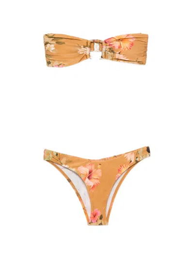 Zimmermann Mahon Bamboo Floral-print Bikini In Brown