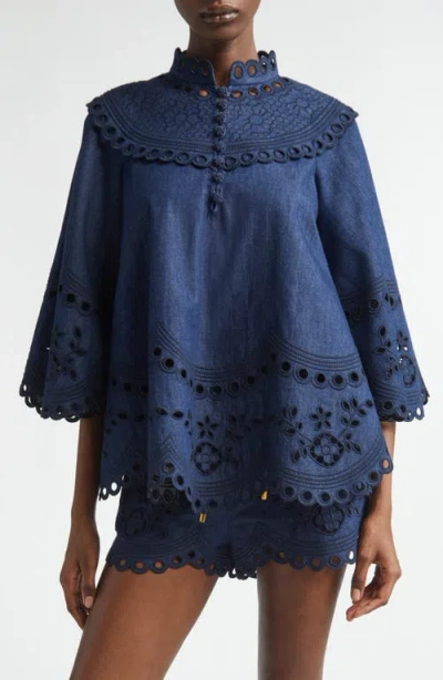 Zimmermann Mahon Broderie Anglaise Denim Cape Top In Blue