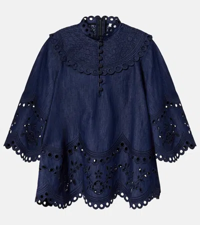 Zimmermann Mahon Broderie Anglaise Denim Cape Top In Blue