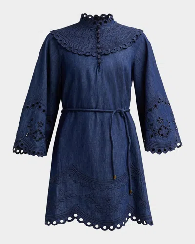 Zimmermann Mahon Broderie Denim Mini Dress In Ink