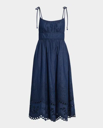 Zimmermann Mohan Broderie Anglaise Trim Denim Midi Dress In Blue