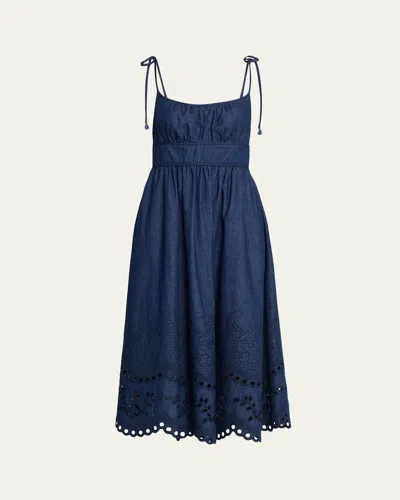 Zimmermann Mohan Broderie Anglaise Trim Denim Midi Dress In Blue