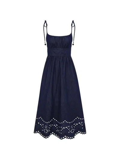 Zimmermann Mohan Broderie Anglaise Trim Denim Midi Dress In Blue