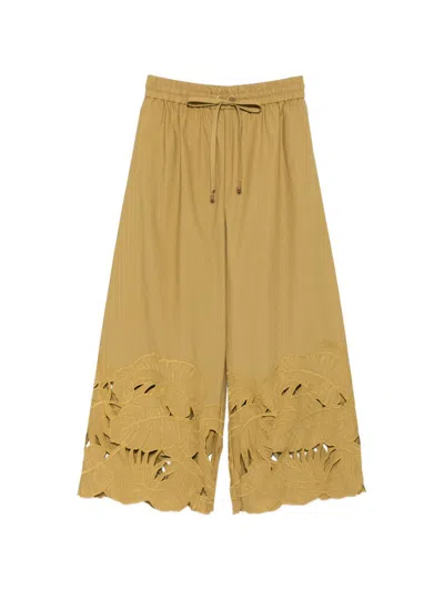 Zimmermann Mahon Embroidered Cutwork Cotton Wide Leg Ankle Pants In Yellow
