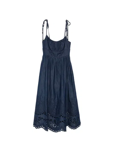 Zimmermann Mohan Broderie Anglaise Trim Denim Midi Dress In Blue