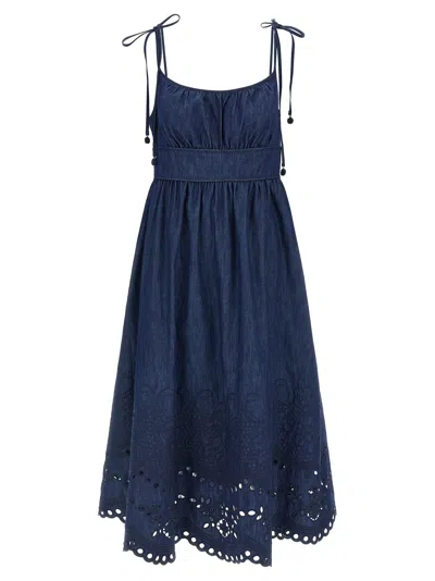 Zimmermann Mohan Broderie Anglaise Trim Denim Midi Dress In Blue