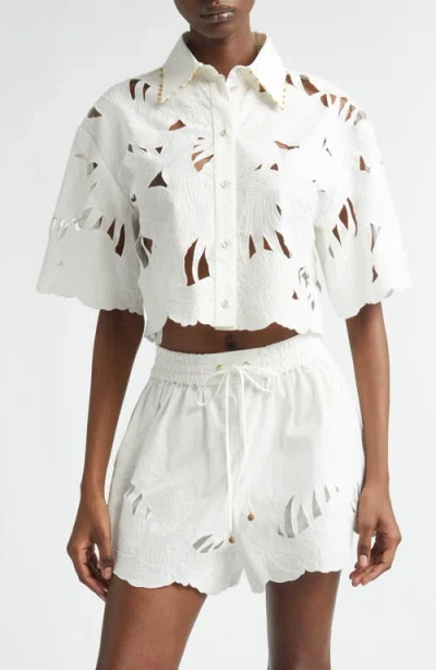 Zimmermann Mahon Embroidered Cotton Crop Shirt In White