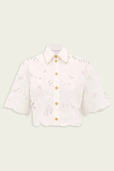 Zimmermann Mahon Embroidered Crop Shirt In Ivory In Neutral